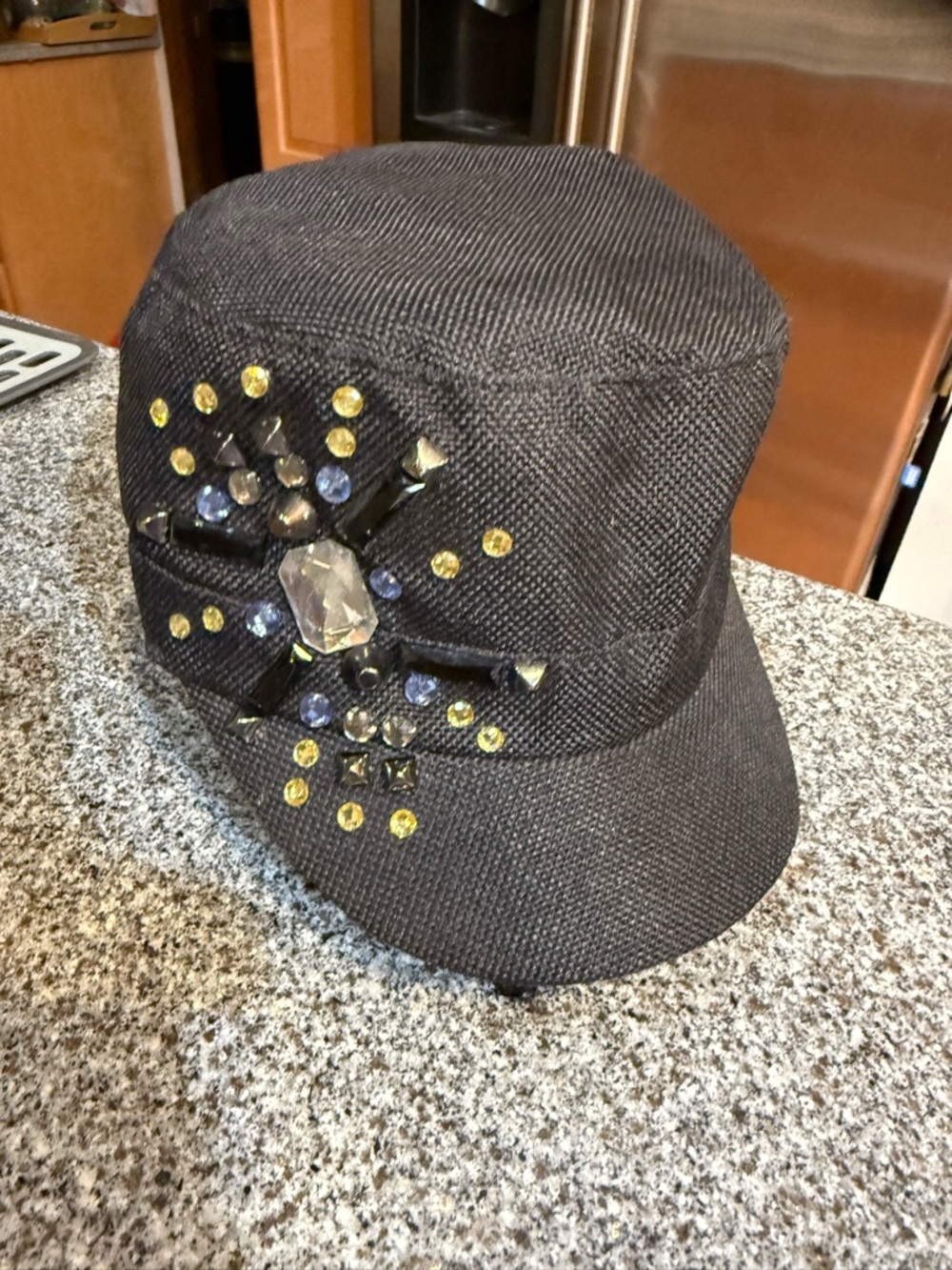 Embellished Black Military-Style Cap with Gem Accents